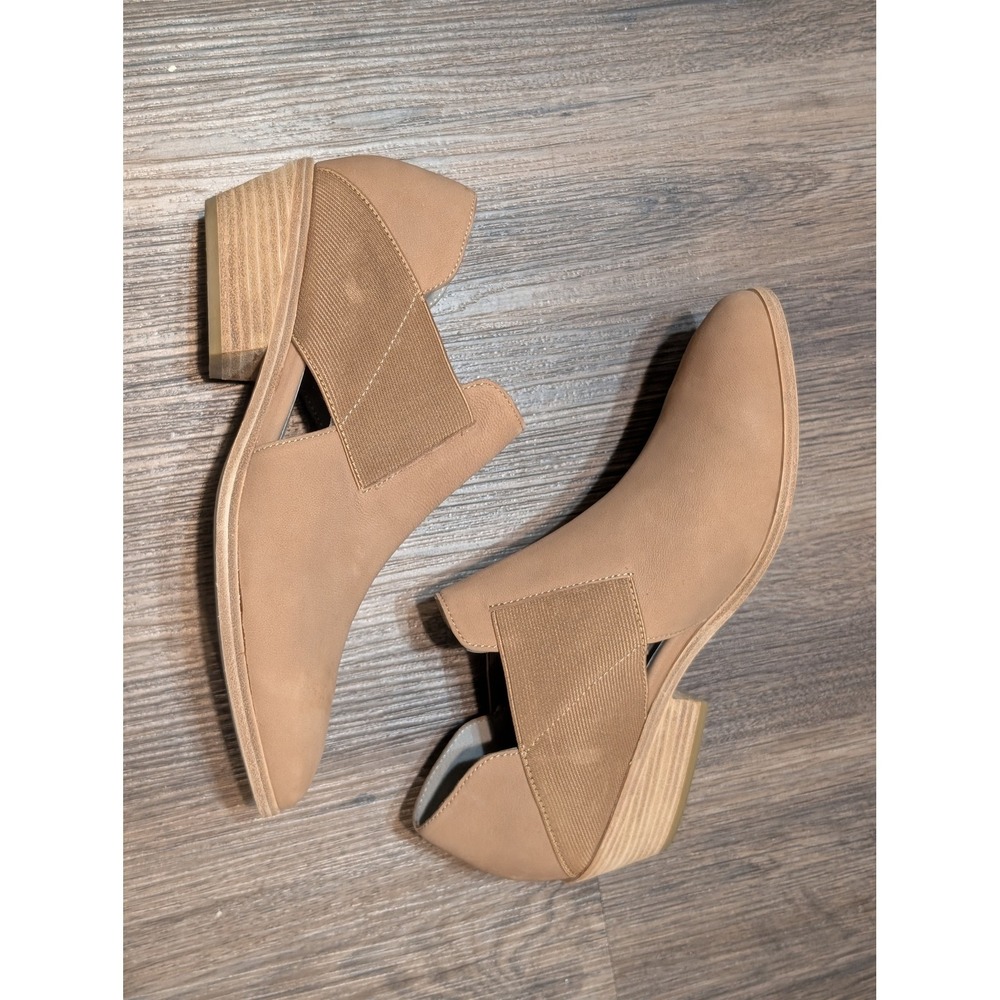 Eileen Fisher Perry Leather Ankle Booties Side Elastic Heel Tan Size 8.5